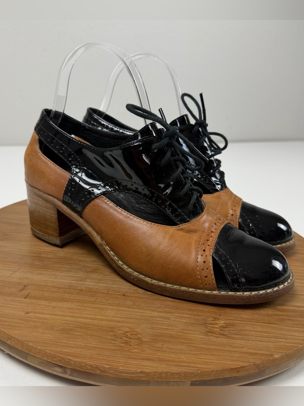 Jeffrey Campbell Ibiza Two-Tone Black and Brown Lace-Up Open-Toe Heel Oxfords